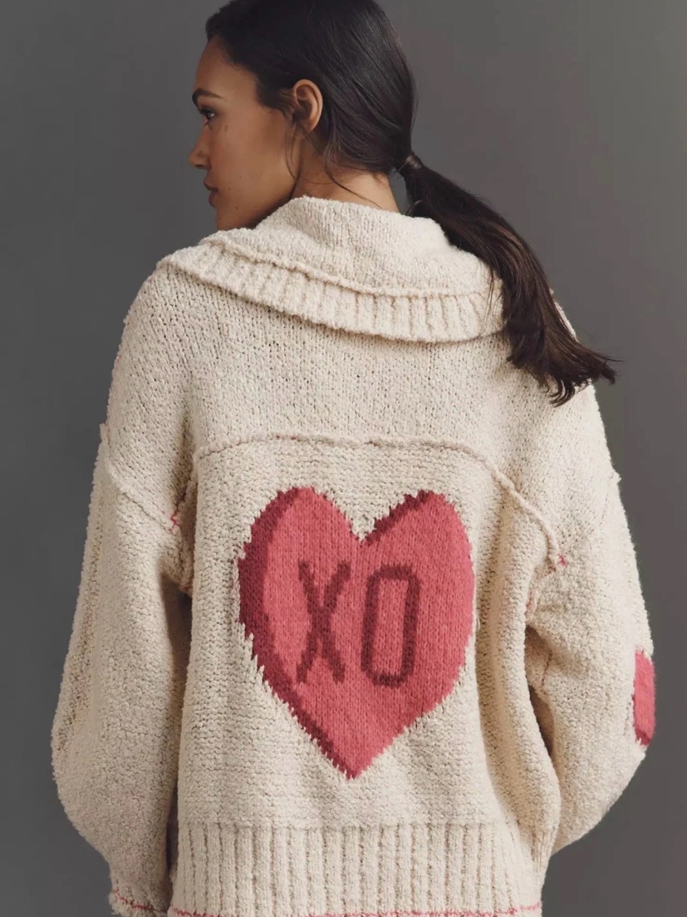 Anthropologie Pilcro Cream Cardigan with Pink Candy Heart Accents M NWT